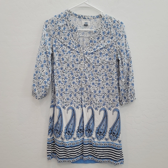 💕 Old Navy White & Blue Paisley Print Shift Dress Women's Size Small Petite - Picture 2 of 12